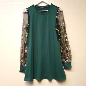 Shein Top Shirt Dress Green Size M Sheer Long Sleeve Floral Butterflies Short​
